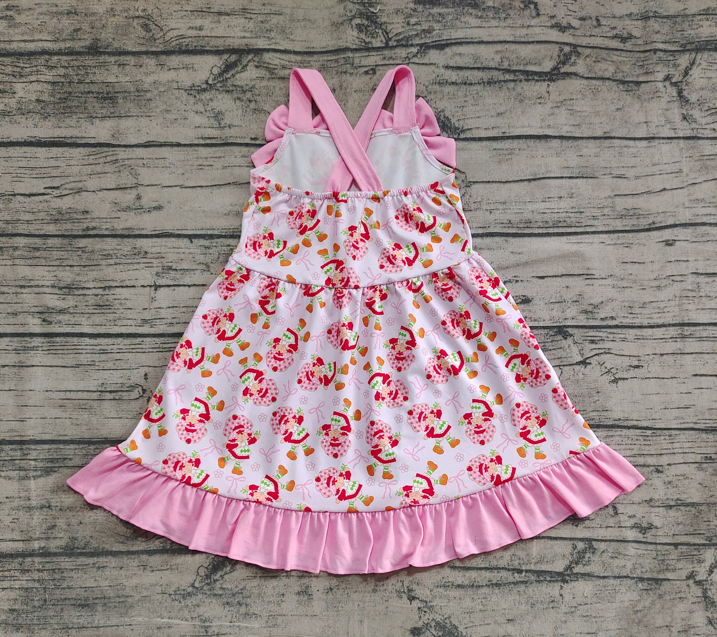 4.8 GSD2213 Baby Girls Pink Strap Bows Strawberry Floral Knee Length Dresses Pre order