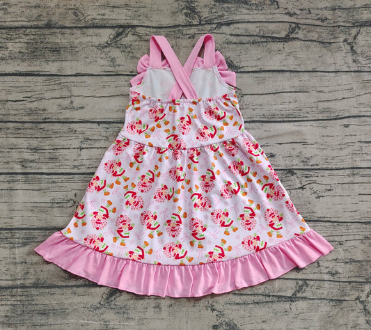 4.8 GSD2213 Baby Girls Pink Strap Bows Strawberry Floral Knee Length Dresses Pre order