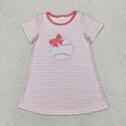 RTS NO MOQ Summer Baby Girls Dresses GSD2221 Embroidery Pink Stripe Bows Baseball Knee Length Dresses