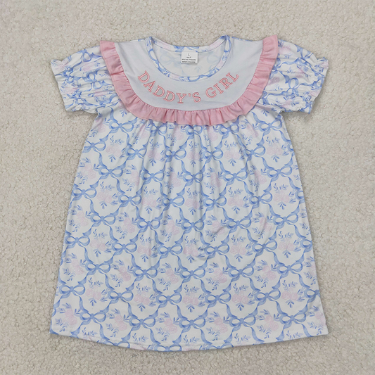 RTS NO MOQ Summer Baby Girls Dresses GSD2226 Embroidery Blue Bows DADDY'S GIRL Knee Length Dresses
