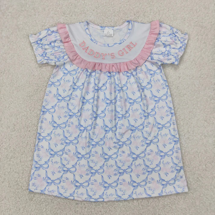 RTS NO MOQ Summer Sibling Baby Girls Embroidery DADDY'S GIRL Bows Floral Plaid Knee Length Dress Rompers