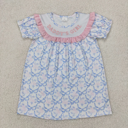 RTS NO MOQ Summer Sibling Baby Girls Embroidery DADDY'S GIRL Bows Floral Plaid Knee Length Dress Rompers