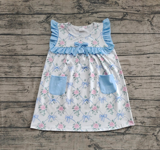 4.8 GSD2230 Baby Girls Sleeveless Blue Bows Floral Pockets Top Knee Length Dresses Pre order