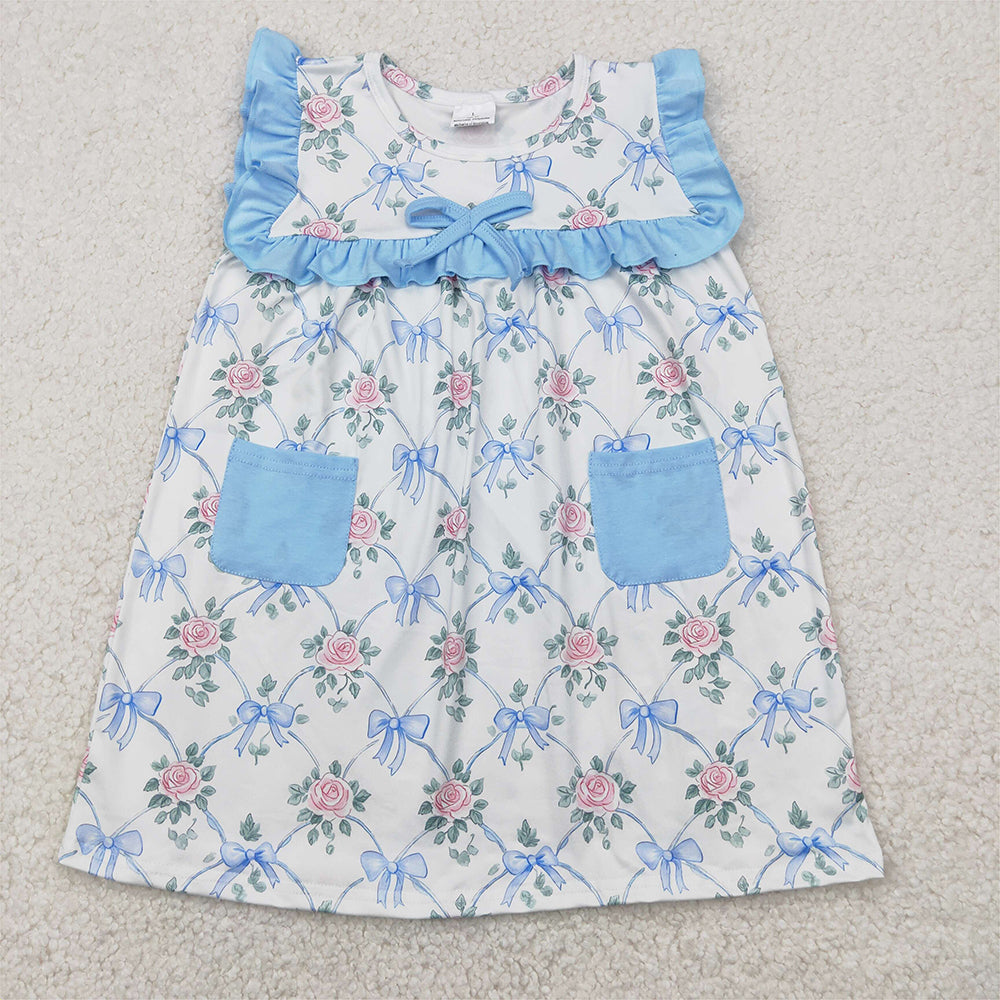 RTS NO MOQ Summer Baby Girls Dresses GSD2230 Sleeveless Blue Bows Floral Pockets Top Knee Length Dresses