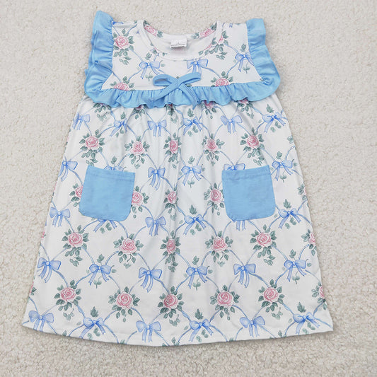 RTS NO MOQ Summer Baby Girls Dresses GSD2230 Sleeveless Blue Bows Floral Pockets Top Knee Length Dresses
