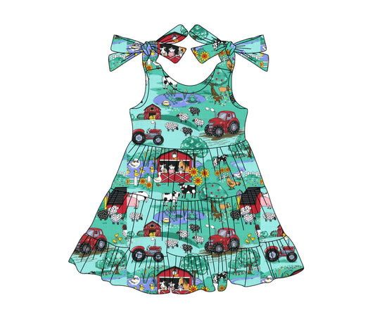 4.15 GSD2234 Baby Girls Green Strap Trucks Houses Cows Farm Knee Length Dresses Pre order