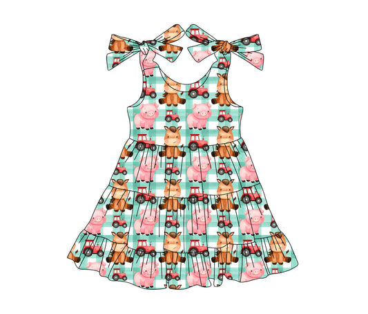 4.15 GSD2236 Baby Girls Green Plaid Strap Trucks Pigs Farm Knee Length Dresses Pre order