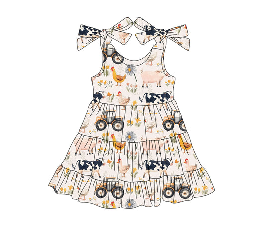 4.15 GSD2237 Baby Girls Pink Strap Trucks Chicks Cows Farm Knee Length Dresses Pre order
