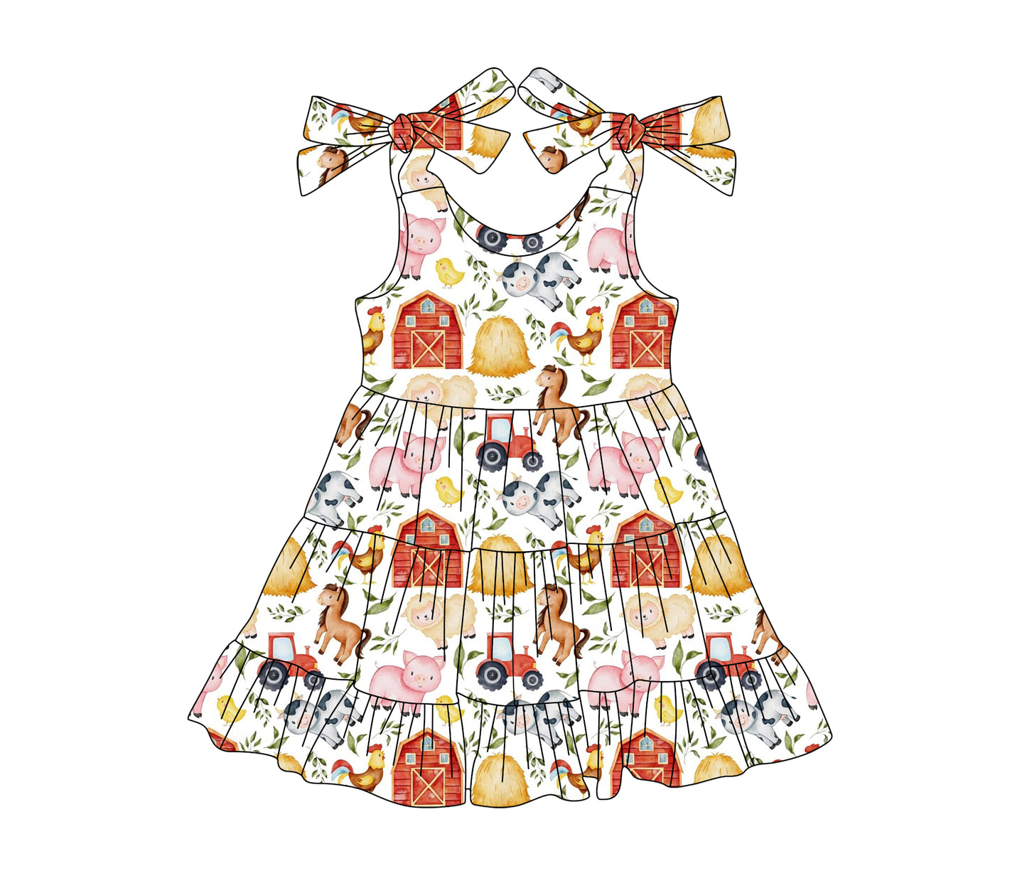 4.15 GSD2238 Baby Girls Red Strap Houses Pigs Cows Farm Knee Length Dresses Pre order