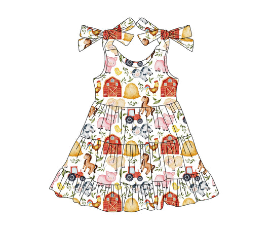 4.15 GSD2238 Baby Girls Red Strap Houses Pigs Cows Farm Knee Length Dresses Pre order