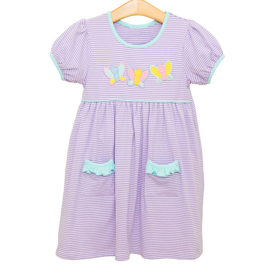 4.15 GSD2239 Baby Girls Lavender Short Ruffle Sleeves Stripe Butterfly Pockets Knee Length Dresses Pre order