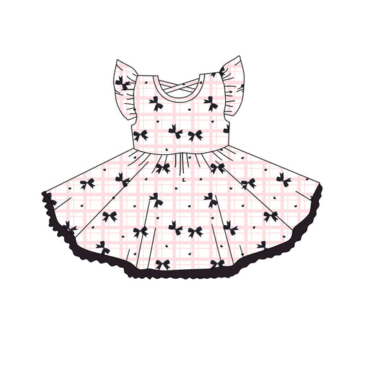 4.15 GSD2251 Flutter sleeves plaid black bow kids girls summer dress pre order