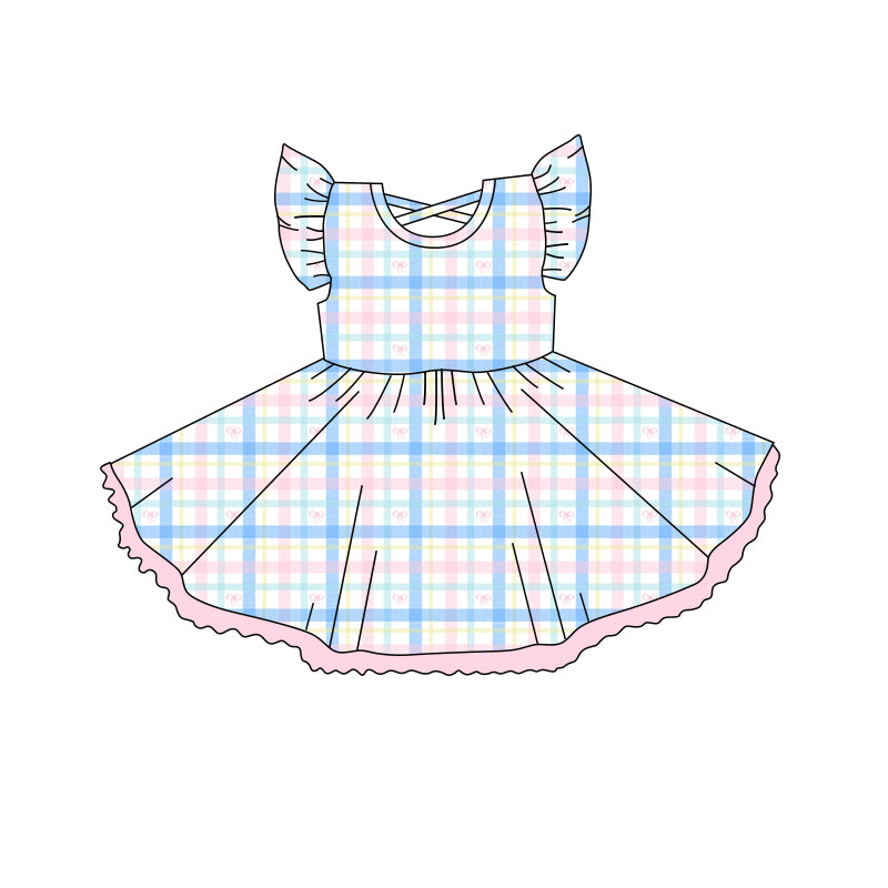 4.15 GSD2252 Baby Girls Flutter Sleeves Blue Pink Plaid Knee Length Dress Pre order