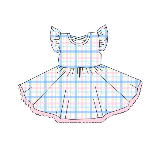4.15 GSD2252 Baby Girls Flutter Sleeves Blue Pink Plaid Knee Length Dress Pre order