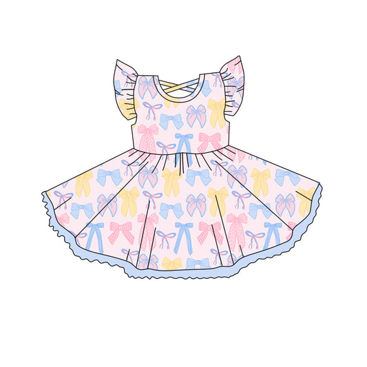 4.15 GSD2253 Baby Girls Pink Flutter Sleeves Colorful Bows Knee Length Dresses Pre order