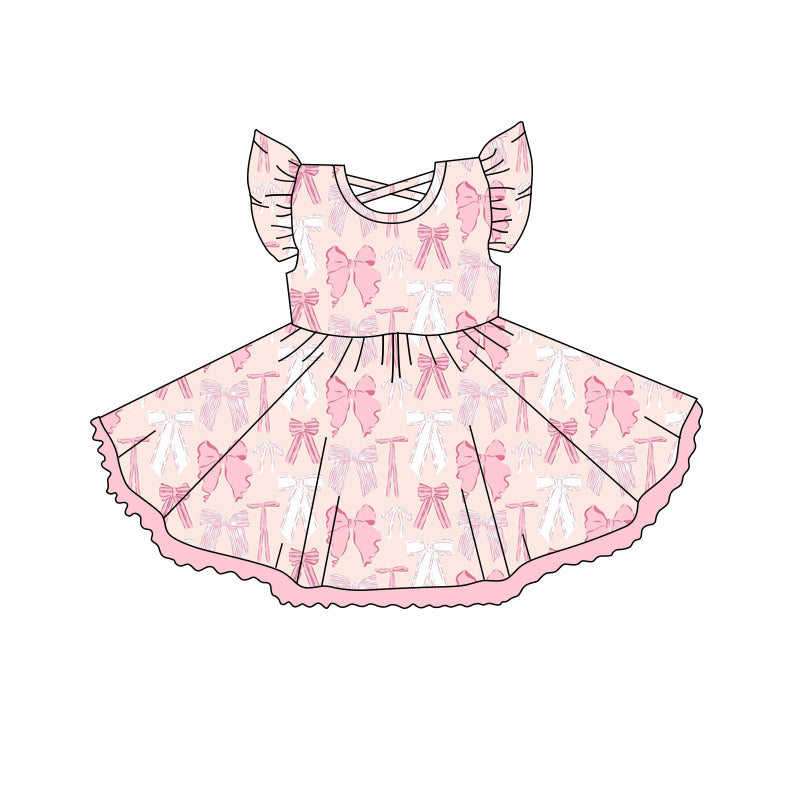 4.15 GSD2254 Baby Girls Pink Flutter Sleeves Bows Knee Length Dresses Pre order