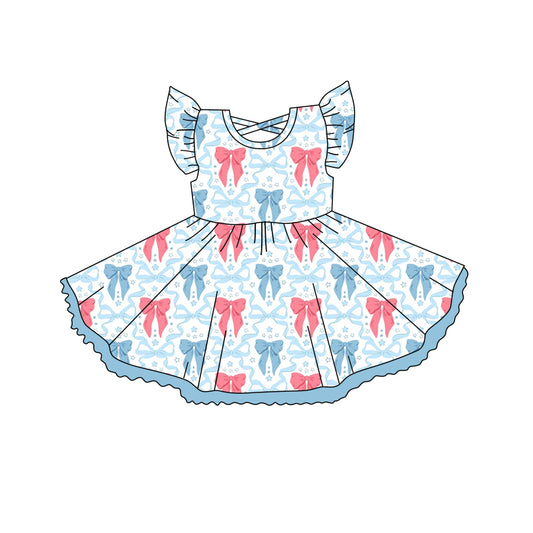 4.15 GSD2255 Baby Girls Flutter Sleeves Blue Red Stars Bows 4th Of July Knee Length Dresses Pre order