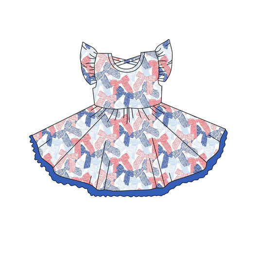 4.15 GSD2256 Baby Girls Flutter Sleeves Blue Red Stripe Bows 4th Of July Knee Length Dresses Pre order