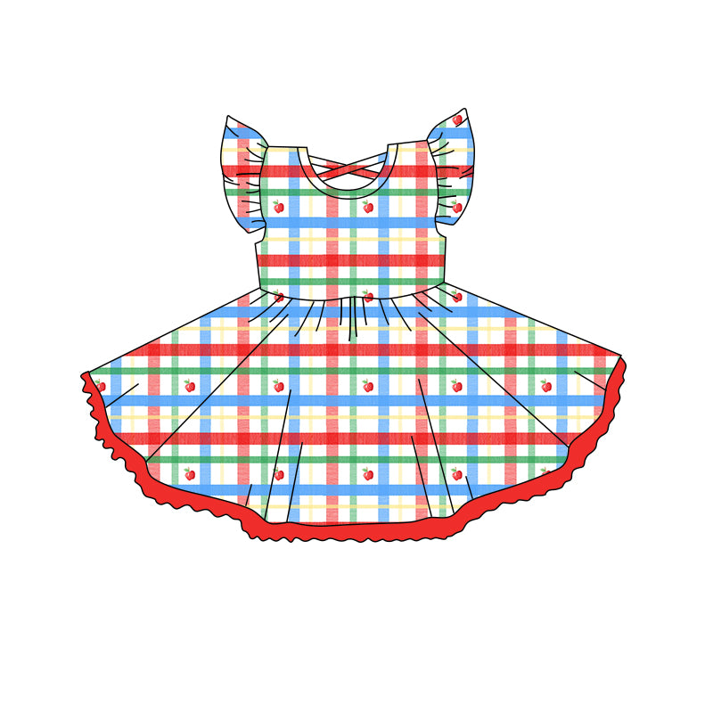 4.15 GSD2257 Baby Girls Flutter Sleeves Colorful Plaid Apples Knee Length Dresses Pre order
