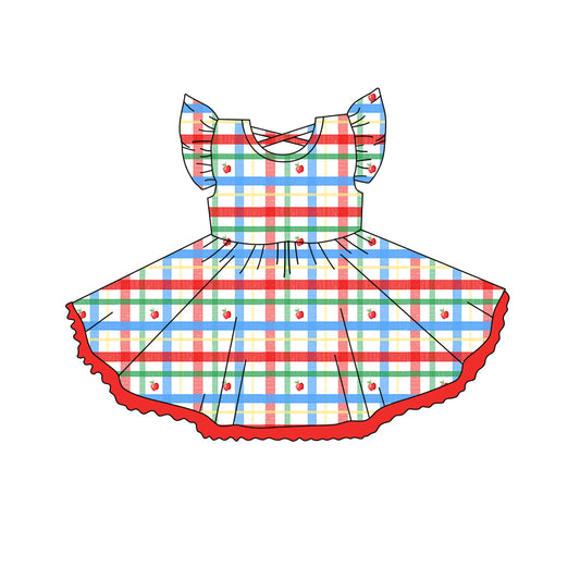 4.15 GSD2257 Baby Girls Flutter Sleeves Colorful Plaid Apples Knee Length Dresses Pre order