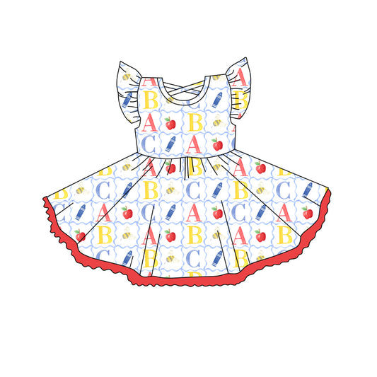 4.15 GSD2258 Baby Girls Flutter Sleeves Colorful Pencils Apples Knee Length Dresses Pre order