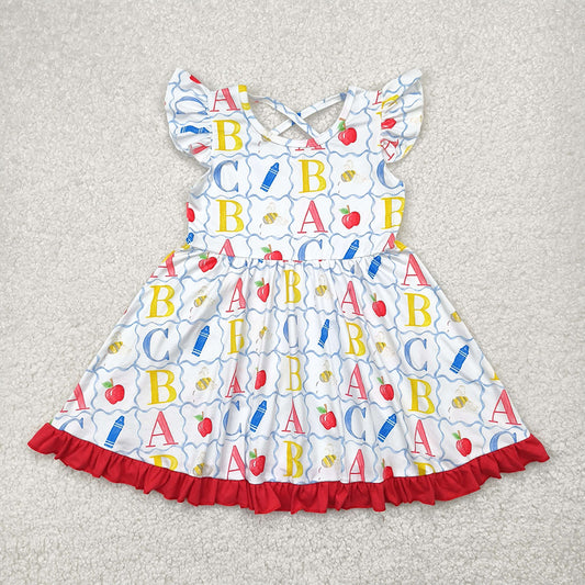 RTS NO MOQ Summer Baby Girls Dresses GSD2258 Flutter Sleeves Colorful Pencils Apples Knee Length Dresses