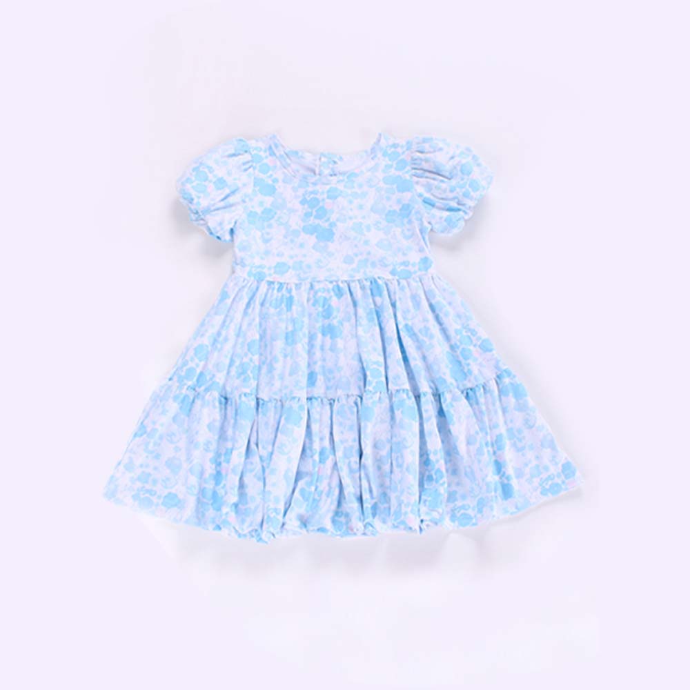 4.14 GSD2259 Baby Girls Blue Short Ruffle Sleeves Floral Patchwork Knee Length Dress Pre order