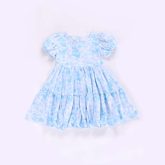 4.14 GSD2259 Baby Girls Blue Short Ruffle Sleeves Floral Patchwork Knee Length Dress Pre order