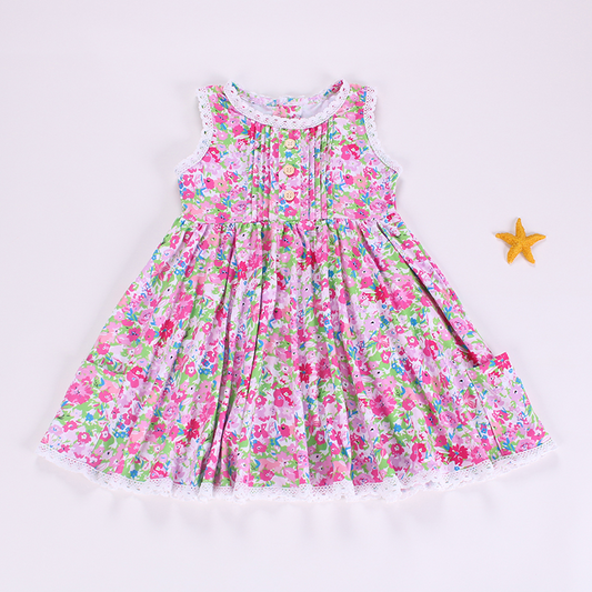 4.14 GSD2261 Baby Girls Pink Sleeveless Button Top Floral Pockets Knee Length Dress Pre order