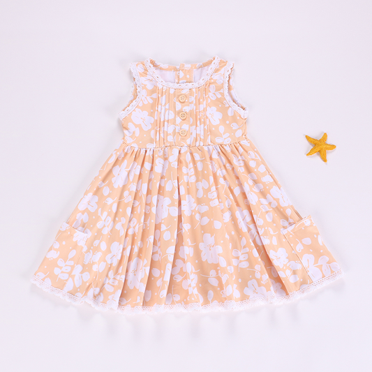 4.14 GSD2262 Baby Girls Peach Sleeveless Button Top Floral Pockets Knee Length Dress Pre order