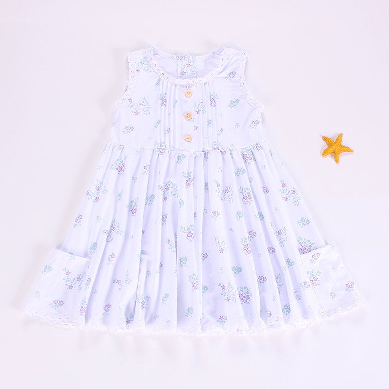 4.14 GSD2263 Baby Girls Lavender Sleeveless Button Top Stars Floral Pockets Knee Length Dress Pre order