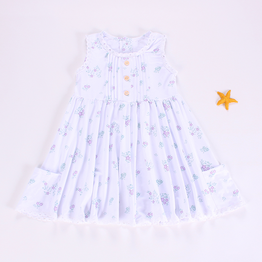 4.14 GSD2263 Baby Girls Lavender Sleeveless Button Top Stars Floral Pockets Knee Length Dress Pre order