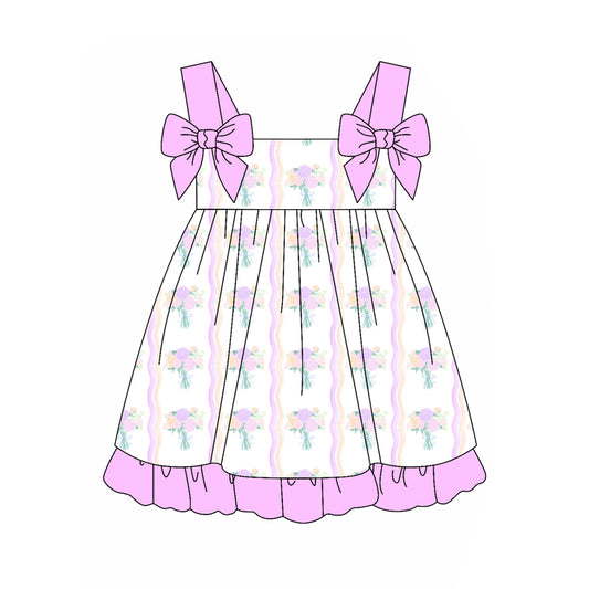 4.14 GSD2265 Baby Girls Hot Pink Bows Strap Floral Stripe Knee Length Dress Pre order