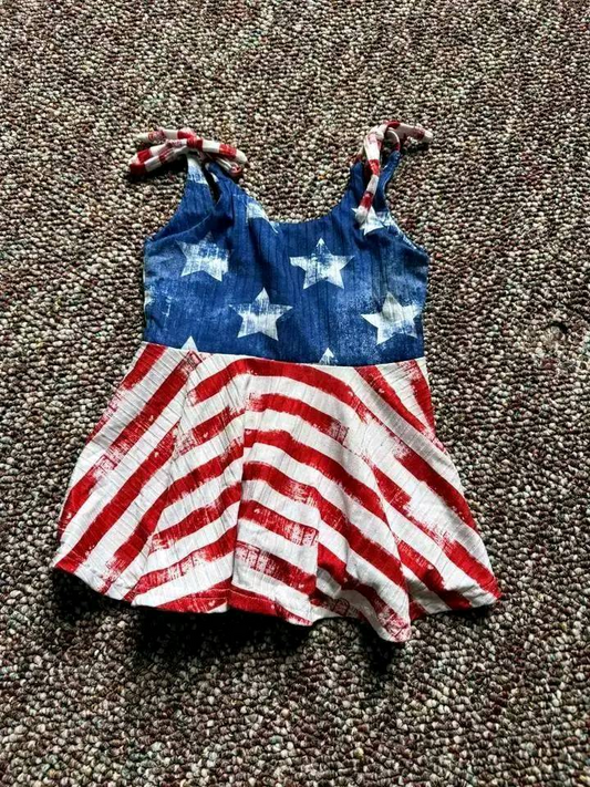 4.14 GSD2269 Baby Girls Bows Strap Blue Stars Red Stripe 4th Of July Dress Pre order