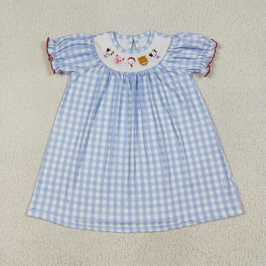 6.24 RTS NO MOQ Summer Baby Girls Dresses GSD2275 Blue Plaid Short Sleeves Cows Pigs Farm Smocked Knee Length Dresses