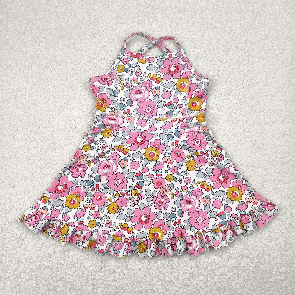RTS NO MOQ Summer Baby Girls Dresses GSD2278 Pink Strap Floral Yoga Ruffle Knee Length Dresses