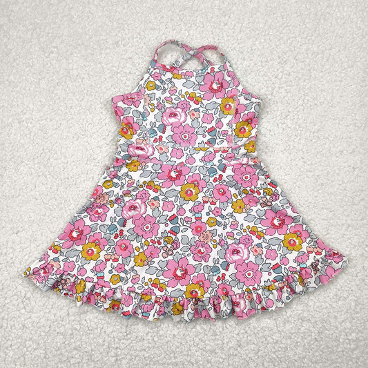 RTS NO MOQ Summer Baby Girls Dresses GSD2278 Pink Strap Floral Yoga Ruffle Knee Length Dresses