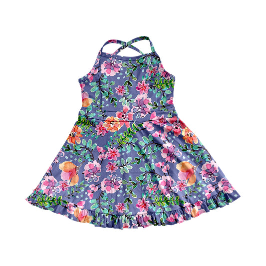 4.9 GSD2279 Baby Girls Purple Strap Floral Yoga Ruffle Knee Length Dresses Pre order