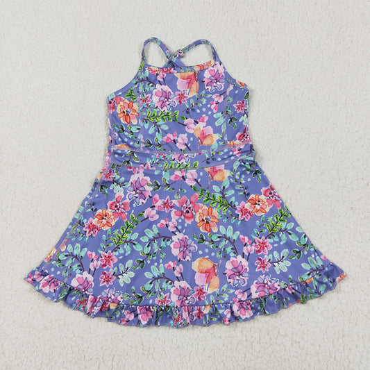 6.3 RTS NO MOQ Summer Baby Girls Dresses GSD2279 Purple Strap Floral Yoga Ruffle Knee Length Dresses
