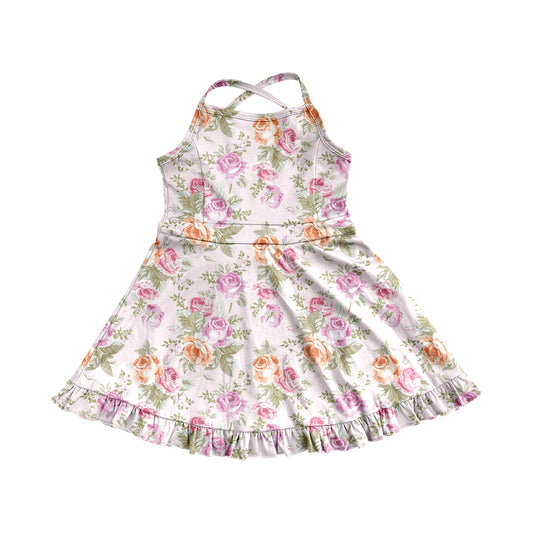 4.9 GSD2280 Baby Girls Peach Strap Floral Yoga Ruffle Knee Length Dresses Pre order