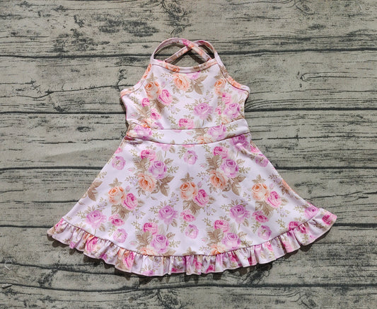 3.29 GSD2280 Baby Girls Peach Strap Floral Yoga Ruffle Knee Length Dresses