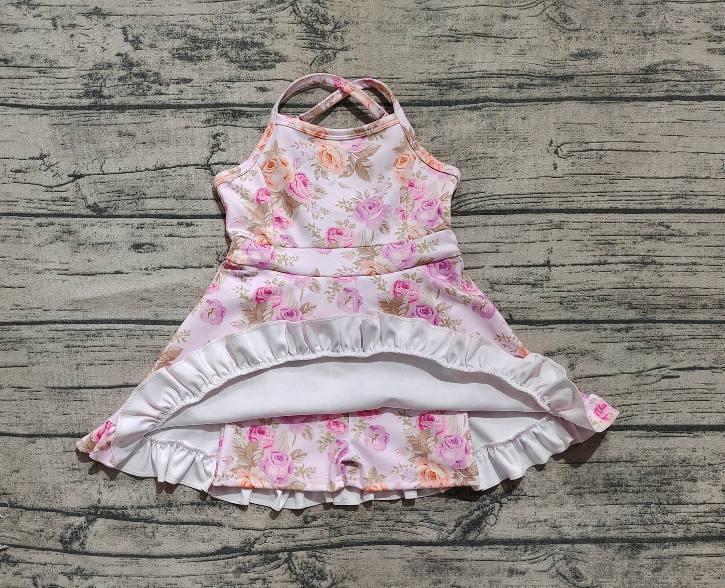 3.29 GSD2280 Baby Girls Peach Strap Floral Yoga Ruffle Knee Length Dresses