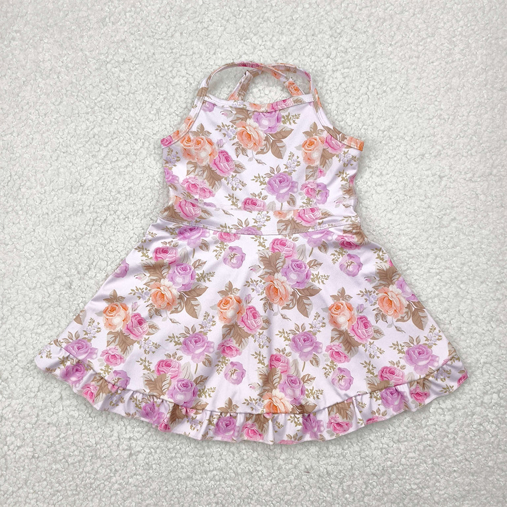 RTS NO MOQ Summer Baby Girls Dresses GSD2280 Peach Strap Floral Yoga Ruffle Knee Length Dresses