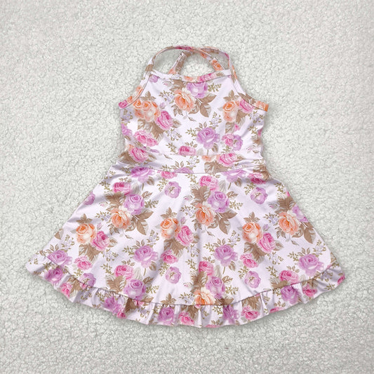 RTS NO MOQ Summer Baby Girls Dresses GSD2280 Peach Strap Floral Yoga Ruffle Knee Length Dresses