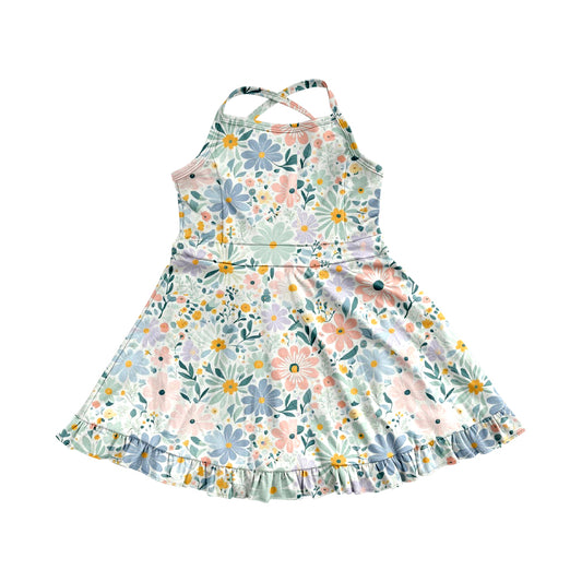 4.9 GSD2281 Baby Girls Aqua Strap Floral Yoga Ruffle Knee Length Dresses Pre order