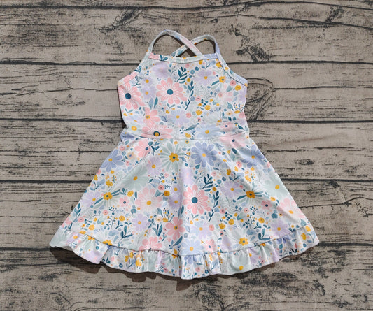4.19 GSD2281 Baby Girls Aqua Strap Floral Yoga Ruffle Knee Length Dresses Pre order