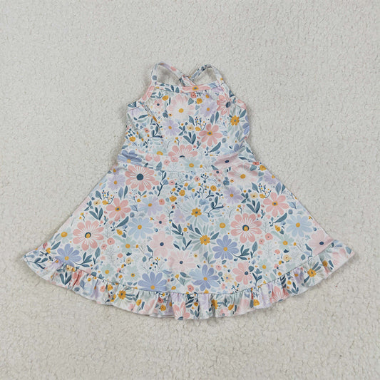 5.14 RTS NO MOQ Summer Baby Girls Dresses GSD2281 Aqua Strap Floral Yoga Ruffle Knee Length Dresses