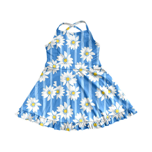 4.9 GSD2283 Baby Girls Blue Strap Stripe Floral Yoga Ruffle Knee Length Dresses Pre order