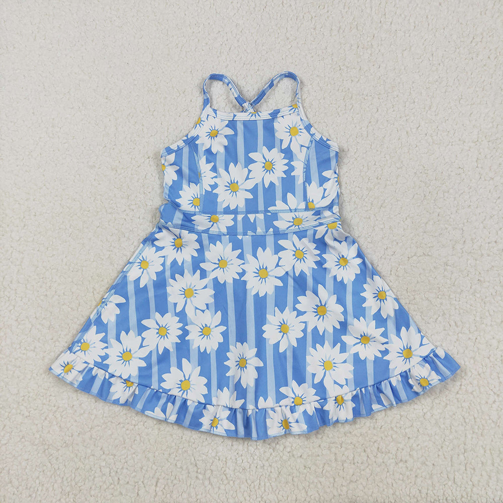 5.29  RTS NO MOQ Summer Baby Girls Dresses GSD2283 Blue Strap Stripe Floral Yoga Ruffle Knee Length Dresses