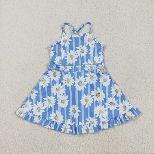 5.29  RTS NO MOQ Summer Baby Girls Dresses GSD2283 Blue Strap Stripe Floral Yoga Ruffle Knee Length Dresses